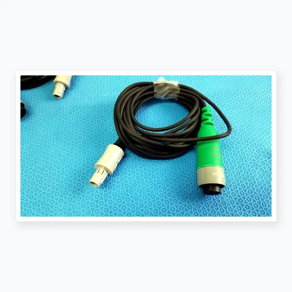 Lot of 2 stryker catheter connector cables black coiled with white and green-gray industrial plugs for medical equipment reuse
