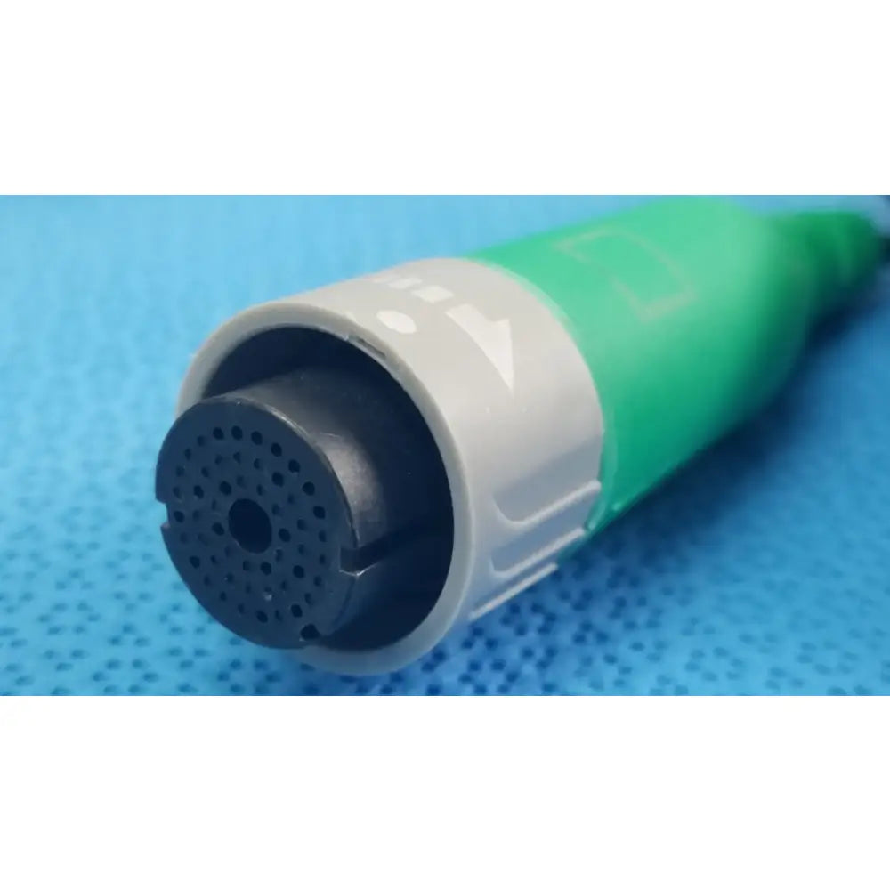 Green and gray medical-grade Ensite X EP system connector cable with black perforated end cap for reuse medical equipment