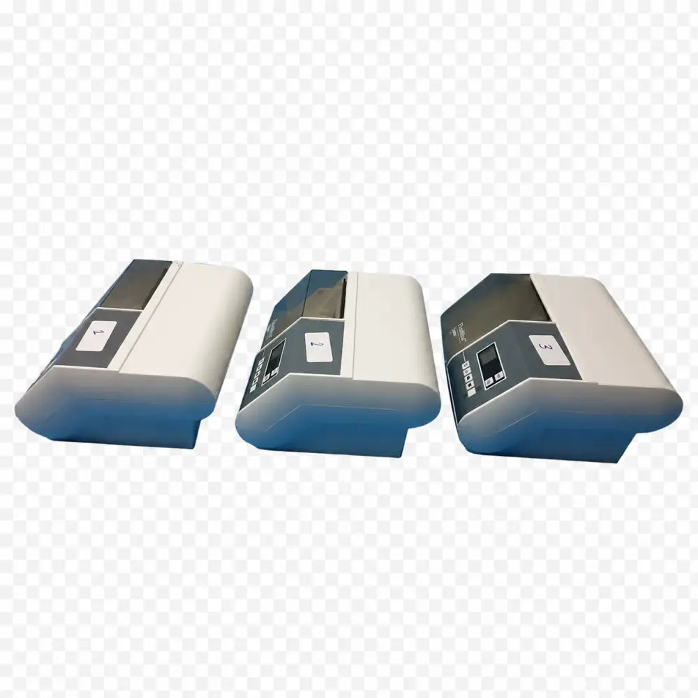 Lot of 3 dentsply promax amalgamator capsule mixing systems with sleek white and dark gray cash counting machines