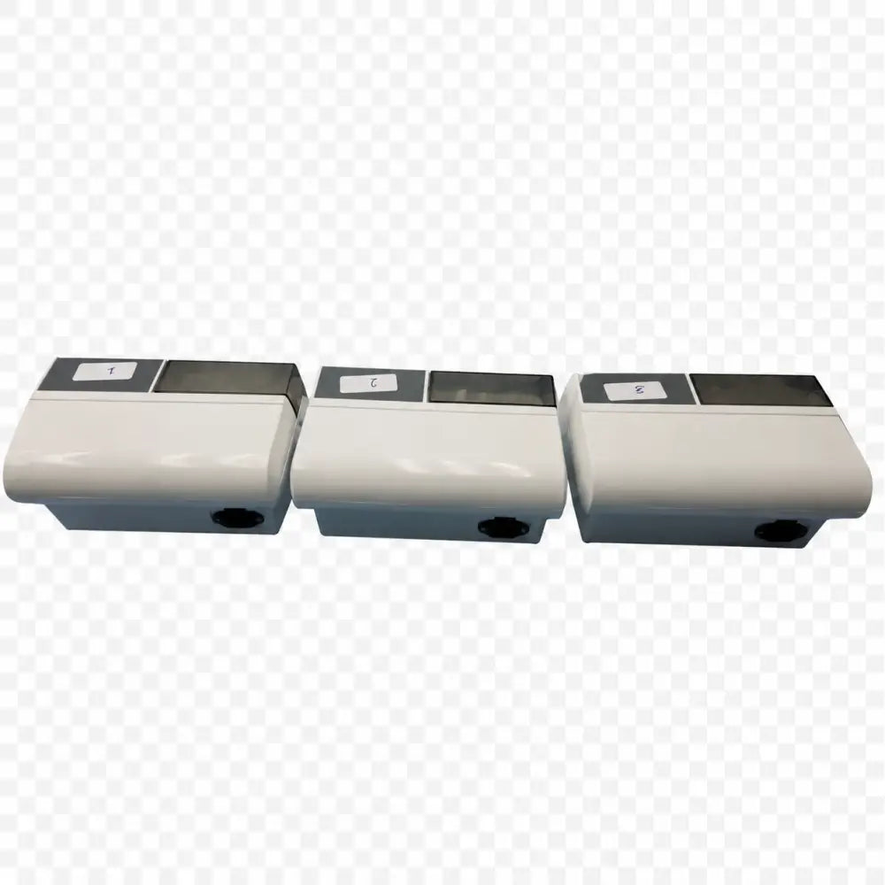 Lot of 3 dentsply promax white plastic wall-mounted water meters with dark gray tops for amalgamator capsule mixing system