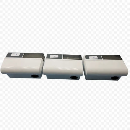 Lot of 3 dentsply promax white plastic wall-mounted water meters with dark gray tops for amalgamator capsule mixing system