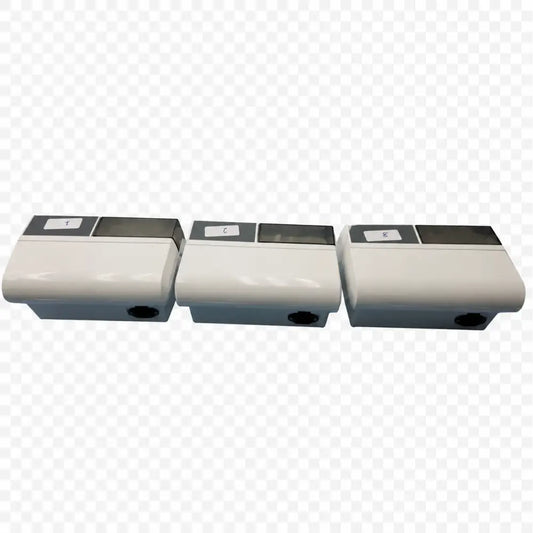 Lot of 3 dentsply promax white plastic wall-mounted water meters with dark gray tops for amalgamator capsule mixing system
