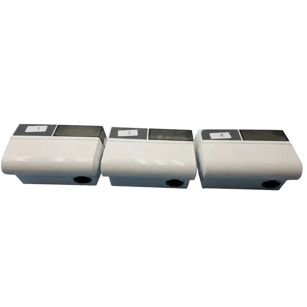 Lot of 3 dentsply promax white plastic wall-mounted water meters with dark gray tops for amalgamator capsule mixing system