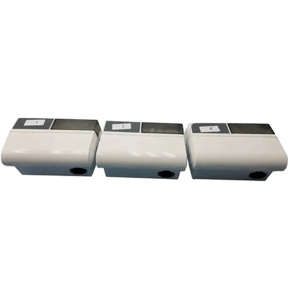 Lot of 3 dentsply promax white plastic wall-mounted water meters with dark gray tops for amalgamator capsule mixing system