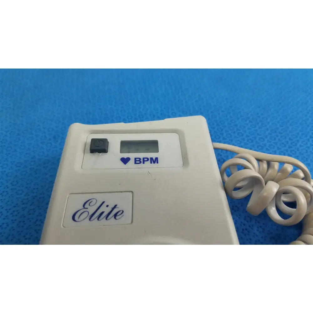 White plastic natus neurology elite 200r handheld doppler with digital heart rate monitor and coiled beige cable for medical equipment reuse