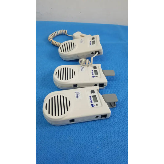 Lot of 3 white plastic natus neurology elite 200r handheld dopplers with coiled cords and digital displays medical equipment