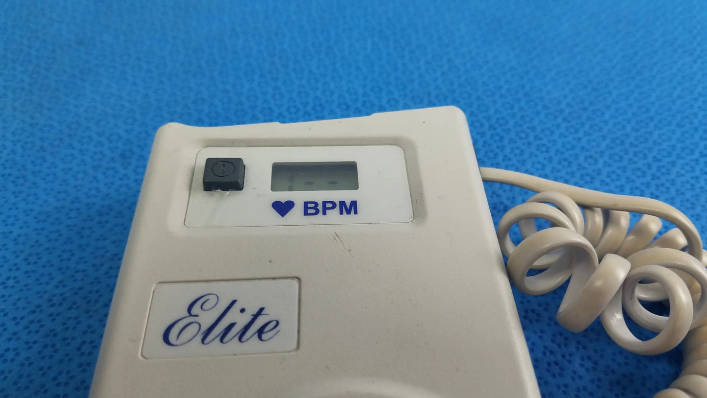 White plastic natus neurology elite 200r handheld doppler with digital heart rate monitor and coiled beige cable for medical equipment reuse