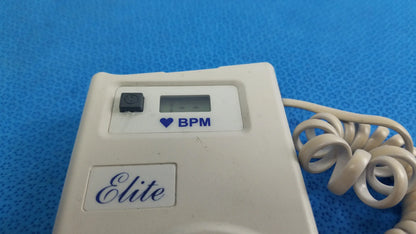 White plastic natus neurology elite 200r handheld doppler with digital heart rate monitor and coiled beige cable for medical equipment reuse