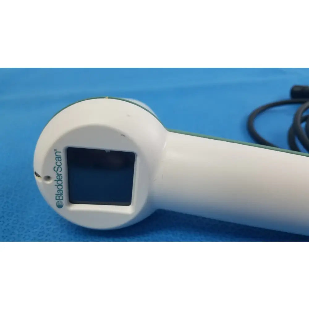 White plastic verathon bladderscan device with rectangular digital display and green accents for medical equipment reuse