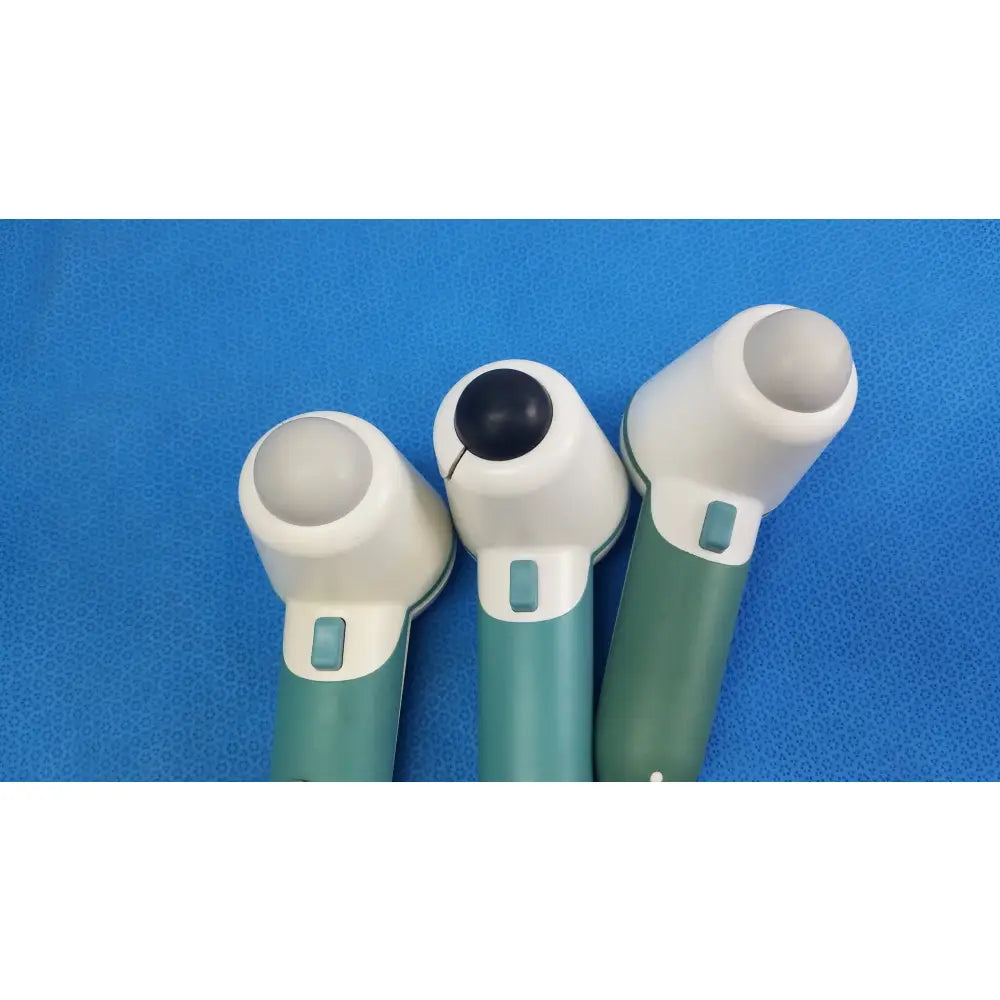 Lot of 3 verathon bladderscan medical equipment probes with teal and white bodies featuring distinct reuse medical equipment tips