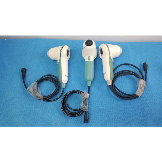 Lot of 3 verathon bladderscan medical equipment handheld ultrasound probes in white and teal with black cords for reuse medical equipment