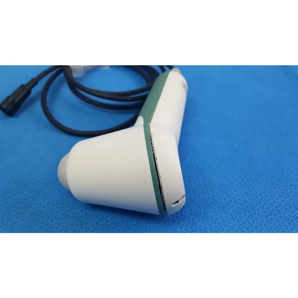 White and green handheld verathon bladderscan ultrasound probe with black cable for reuse medical equipment