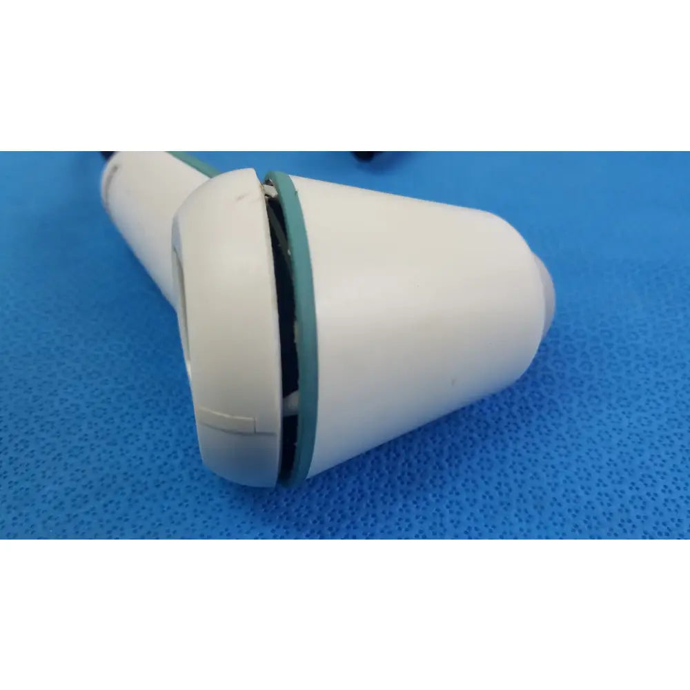 White plastic handheld verathon bladderscan ultrasound probe with teal accent ring and internal wiring for reuse medical equipment