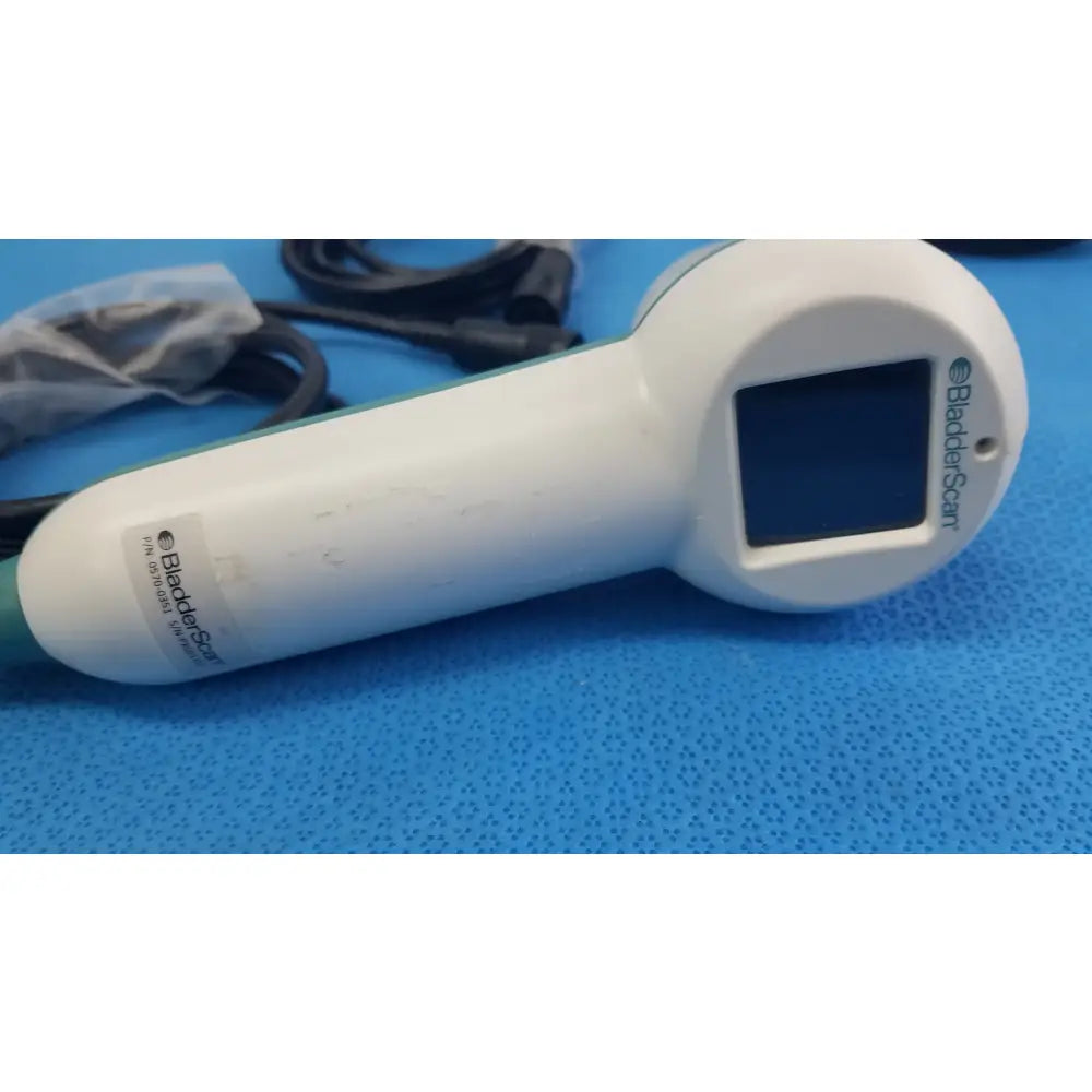 White plastic verathon bladderscan handheld ultrasound device with green accents for reuse medical equipment use