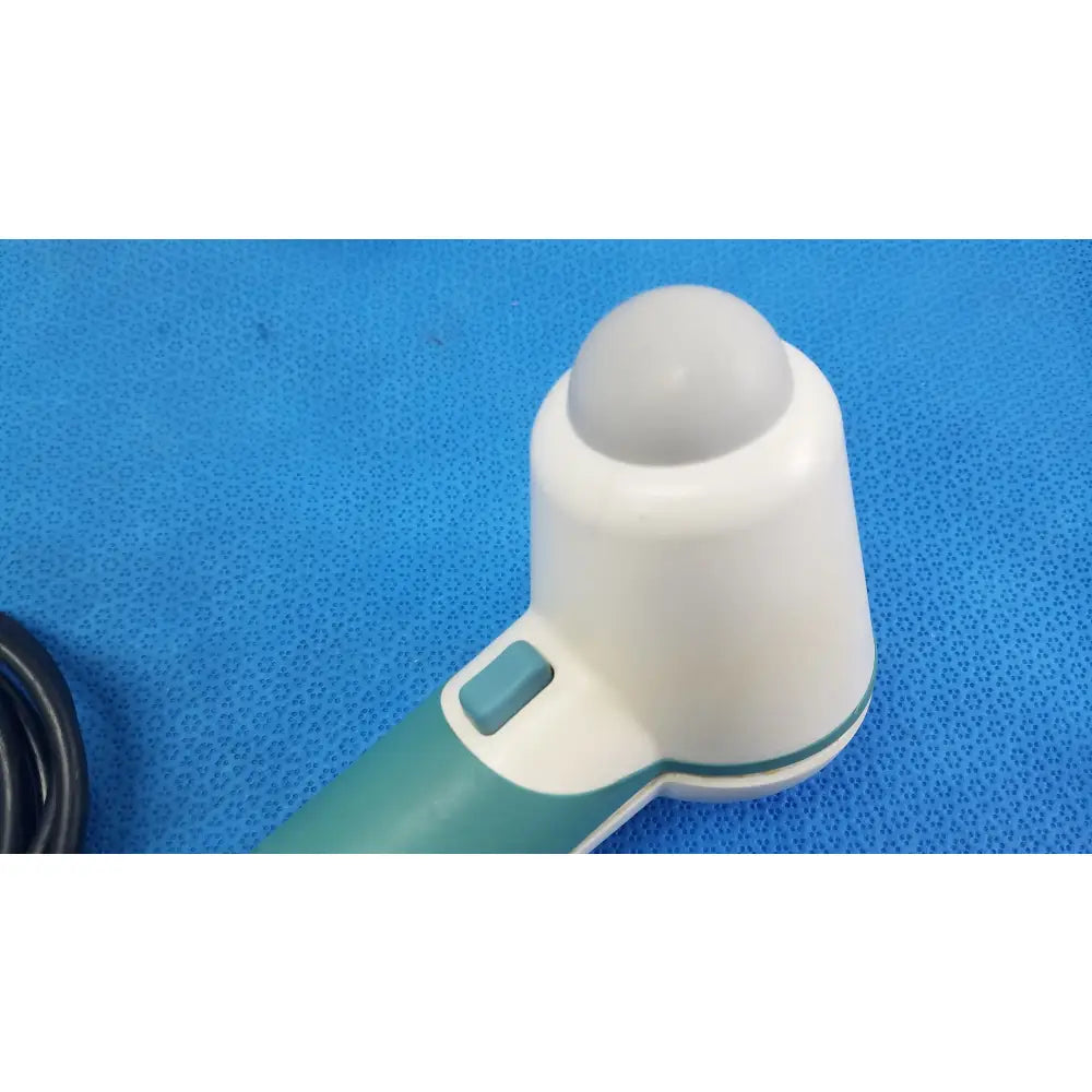 White and teal verathon bladderscan handheld ultrasound probe with rounded dome-shaped tip for reuse medical equipment