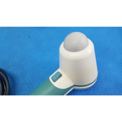 White and teal verathon bladderscan handheld ultrasound probe with rounded dome-shaped tip for reuse medical equipment