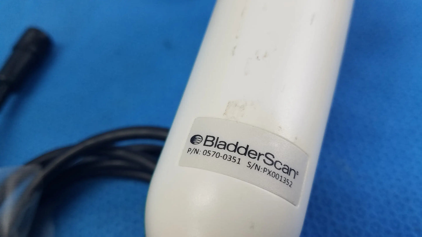 White cylindrical verathon bladderscan ultrasound probe with silver label medical equipment for reuse medical equipment