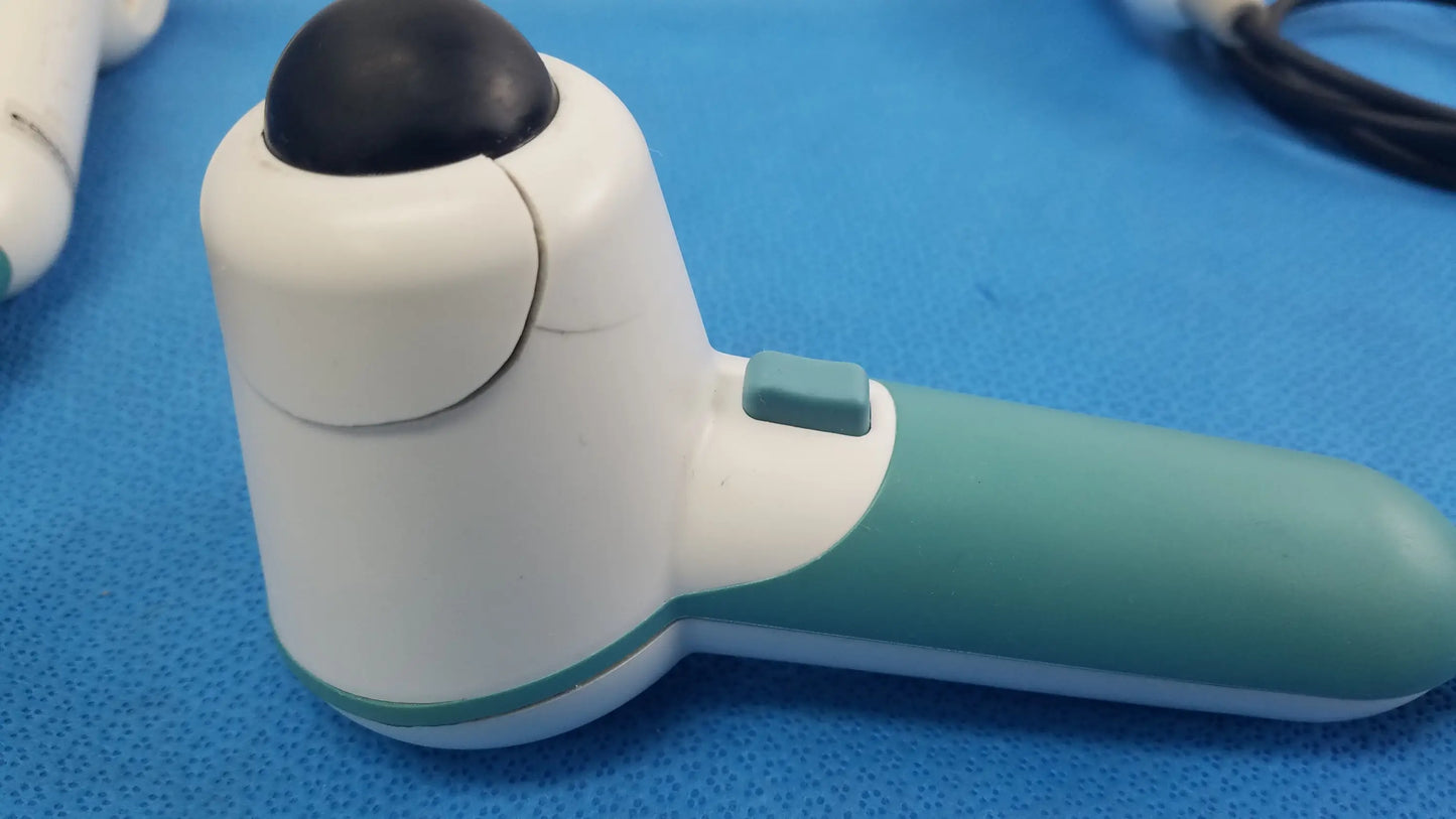 White and teal handheld verathon bladderScan ultrasound probe with black spherical tip for reuse medical equipment