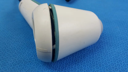White plastic handheld verathon bladderscan ultrasound probe with teal accent ring and internal wiring for reuse medical equipment