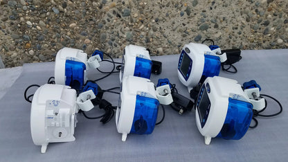 Lot of 6 white and blue kangaroo epump enteral feeding pumps with digital display pole clamps and power supplies