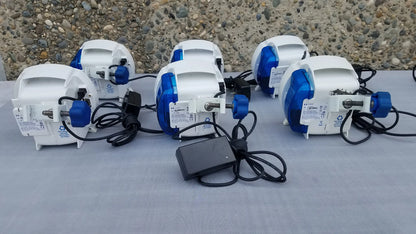 Lot of 6 white and blue kangaroo epump enteral feeding air pump units with black power cords and pole clamps compatible kangaroo