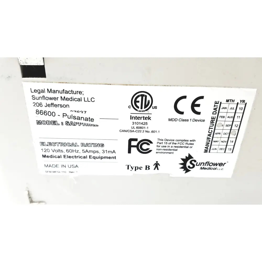 White label with black text on the back of a low air loss mattress pump by sunflower medical llc model sapm1025 electrical specs