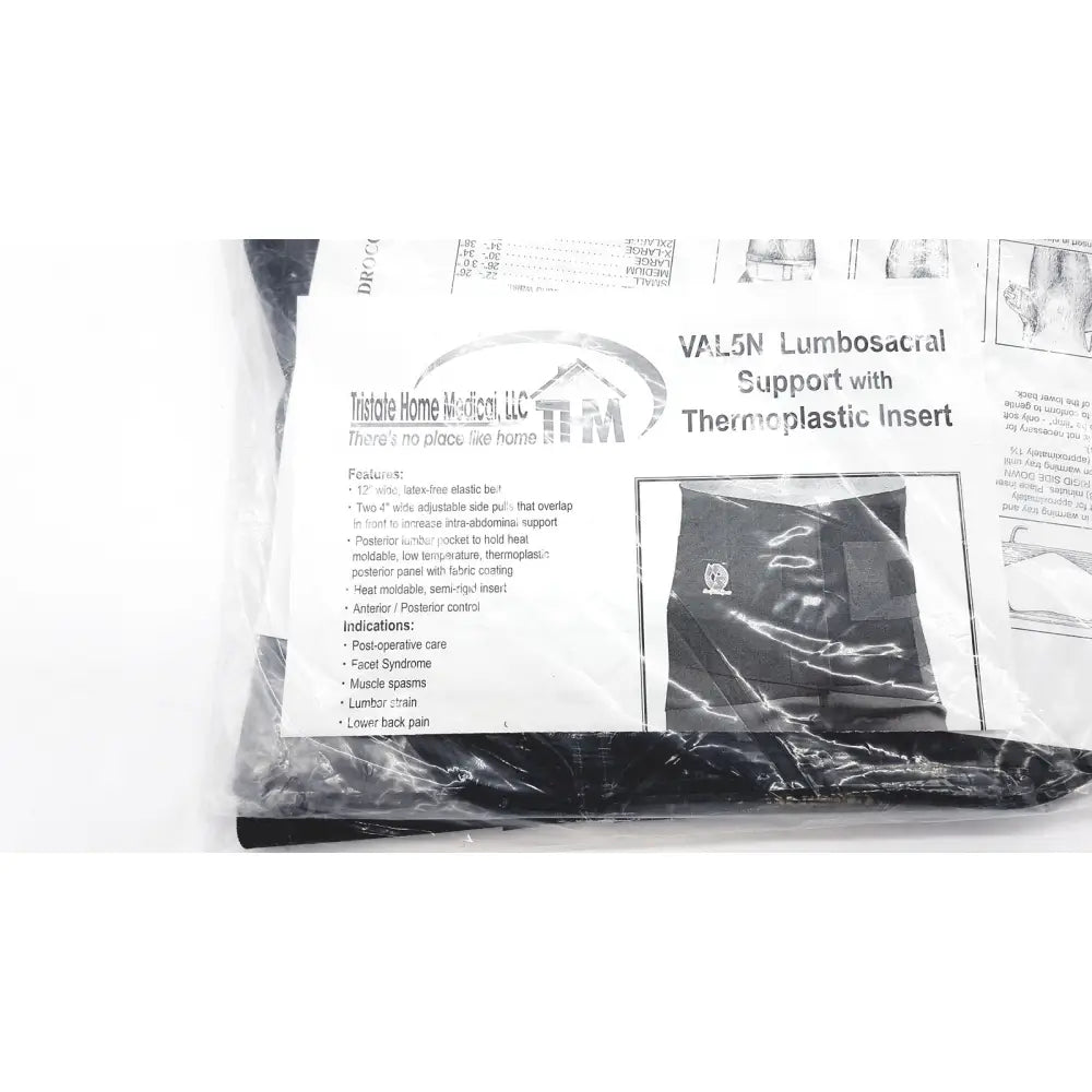 Black thermoplastic insert lumbar support belt in clear packaging for sacral orthosis val5n medium lumbosacral use