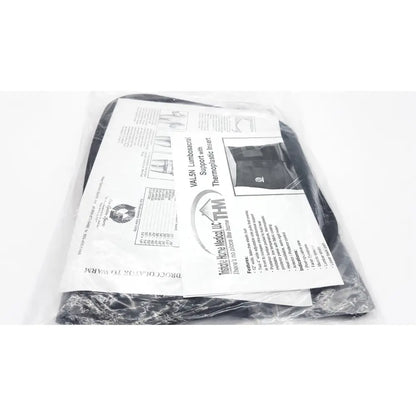 Black sacral orthosis val5n medium with thermoplastic insert packaged in clear plastic wrap for lumbosacral support