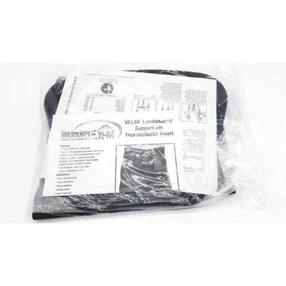 Black thermoplastic lumbar sacral orthosis val5n medium with adjustable side panels and molded insert for spinal alignment