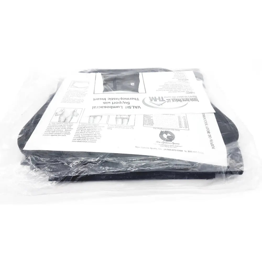 Black thermoplastic support insert for lumbar back pain relief in sacral orthosis val5n medium packaging with instructions