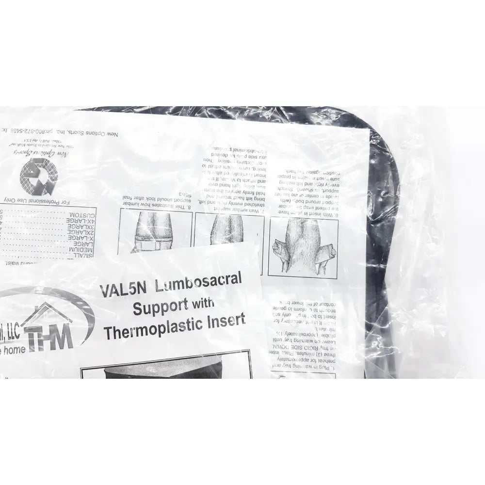 Val5n medium lumbosacral sacral orthosis with thermoplastic insert packaged in clear plastic wrap for support