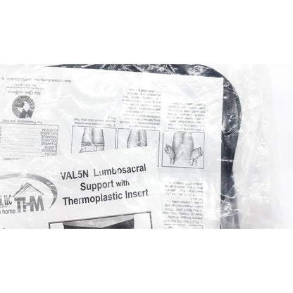 Val5n medium lumbosacral sacral orthosis with thermoplastic insert packaged in clear plastic wrap for support