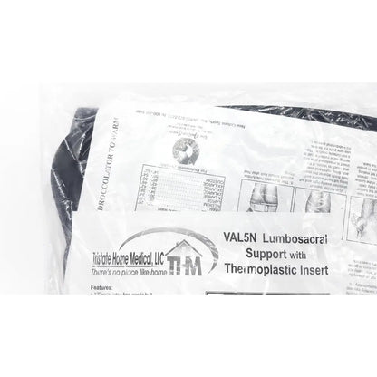 Lumbar sacral orthosis val5n medium lumbosacral support with black thermoplastic insert in clear plastic wrap packaging