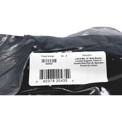 Black elastic lumbar sacral orthosis val5n medium with double-side pulls and thermoplastic insert pocket visible from back side