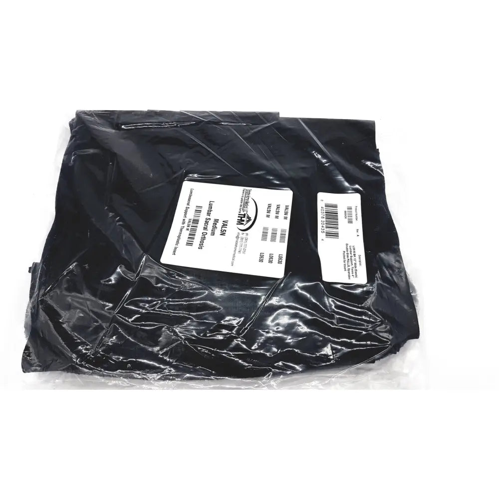 Black plastic bag containing packaged lumbar sacral orthosis val5n medium lumbosacral support with thermoplastic insert