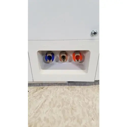 White cabinet with three water dispensers featuring blue beige and orange caps and metallic spouts in luminex 200 xmap multiplex ruo system