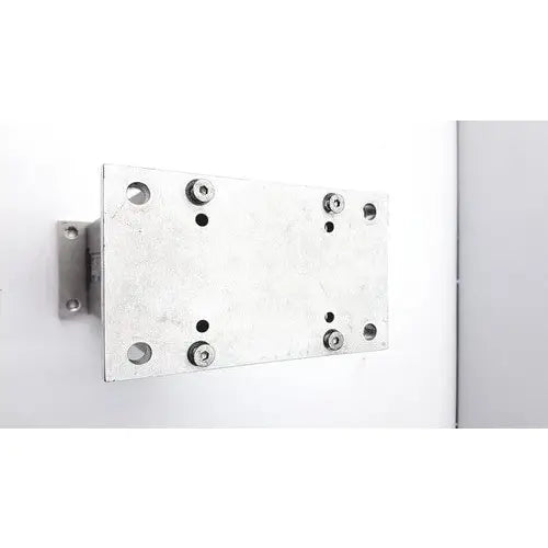 Silver metallic rectangular plate with six screws and four holes with brushed finish for magnetic elektromotoren liestal actuator reuse medical