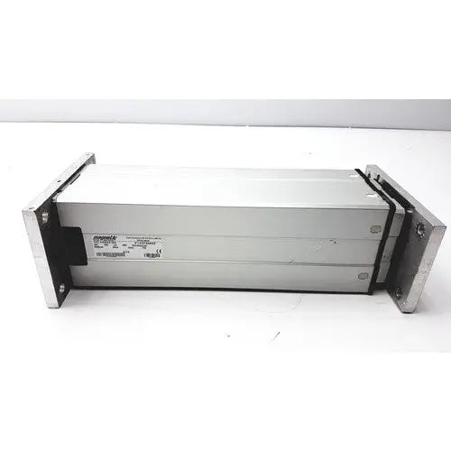 Silver metallic linear actuator with black mounting brackets by magnetic elektromotoren liestal actuator model ch 4410