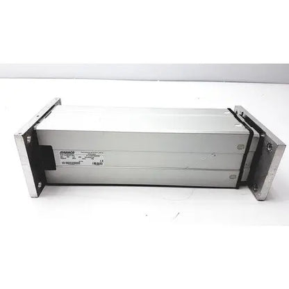 Silver metallic linear actuator with black mounting brackets by magnetic elektromotoren liestal actuator model ch 4410