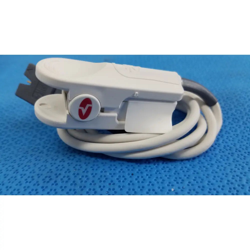 White plastic masimo lncs dci adult spo2 finger clip sensor with red and white logo and coiled gray cable