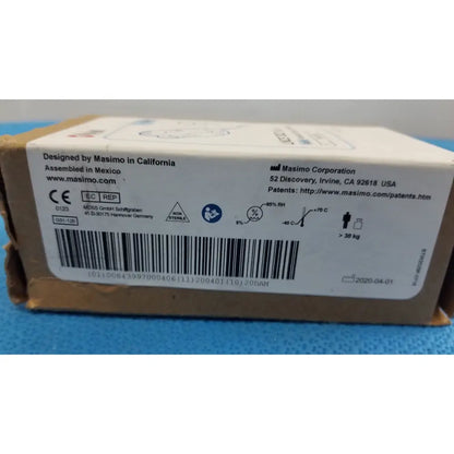 White cardboard box for masimo lncs dci adult spo2 finger clip sensor with printed text and regulatory symbols