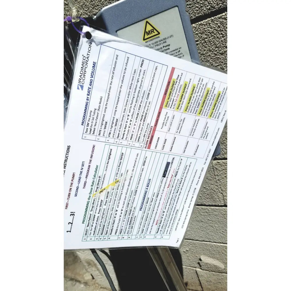 A white paper document with yellow highlights labeled programming by rate and volume for Masimo Mridium 3600 plus mri infusion pump monitoring systems