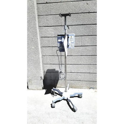 Silver and gray masimo mridium 3600 plus mri infusion pump monitoring system with adjustable stand and control panel