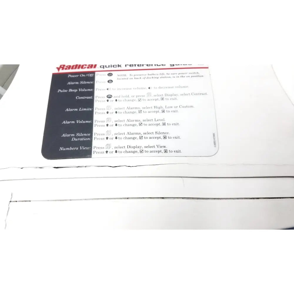Radical quick reference guide card with black and white text on glossy plastic for masimo radical 7 spo2 pulse monitor