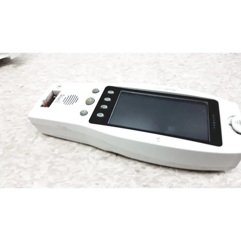White handheld Masimo Radical-7 signal pulse oximetry device with black screen and multiple control buttons for accurate monitoring