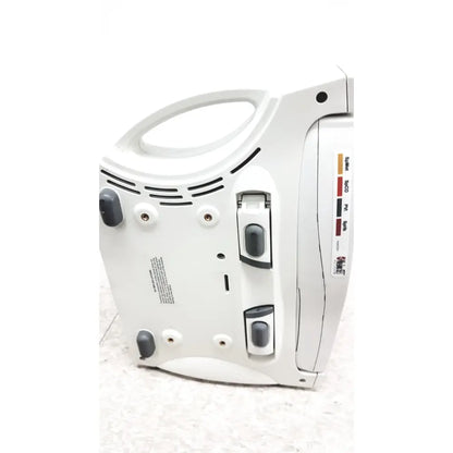 White plastic masimo radical-7 signal pulse oximetry touch color patient monitor with gray buttons and single-use label