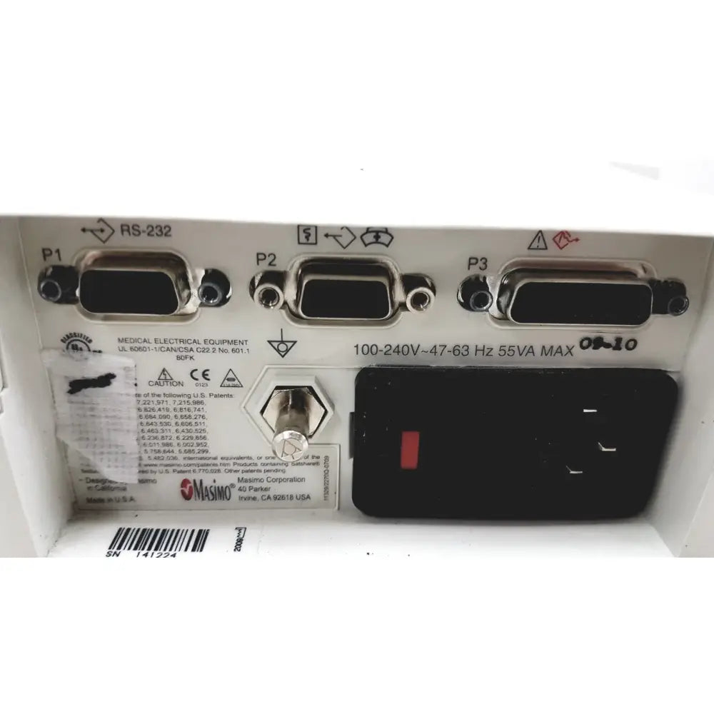 Back side of white masimo radical-7 signal pulse oximetry touch color patient monitor with d-sub connectors and power switch