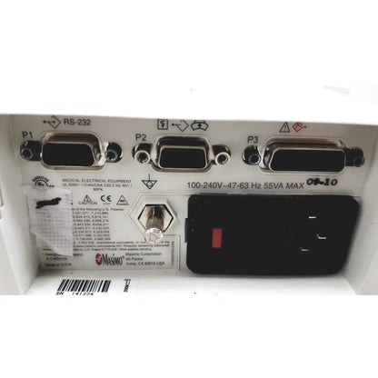 Back side of white masimo radical-7 signal pulse oximetry touch color patient monitor with d-sub connectors and power switch