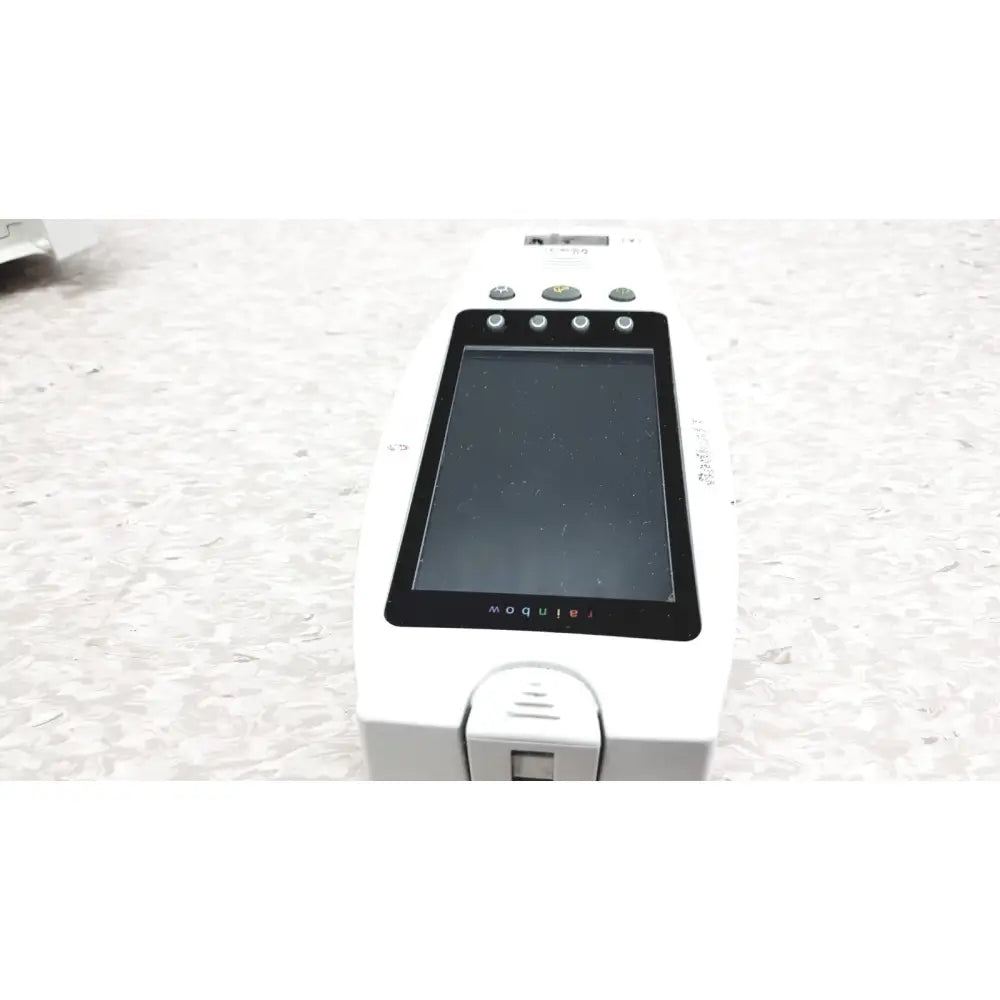 White Masimo Radical-7 handheld device with black touchscreen and buttons for signal pulse oximetry touch color monitoring