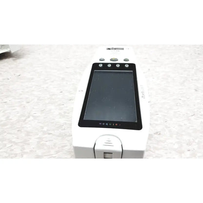 White Masimo Radical-7 handheld device with black touchscreen and buttons for signal pulse oximetry touch color monitoring
